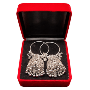 Silver Oxidized Hoop Jhumka Earrings in Red Box