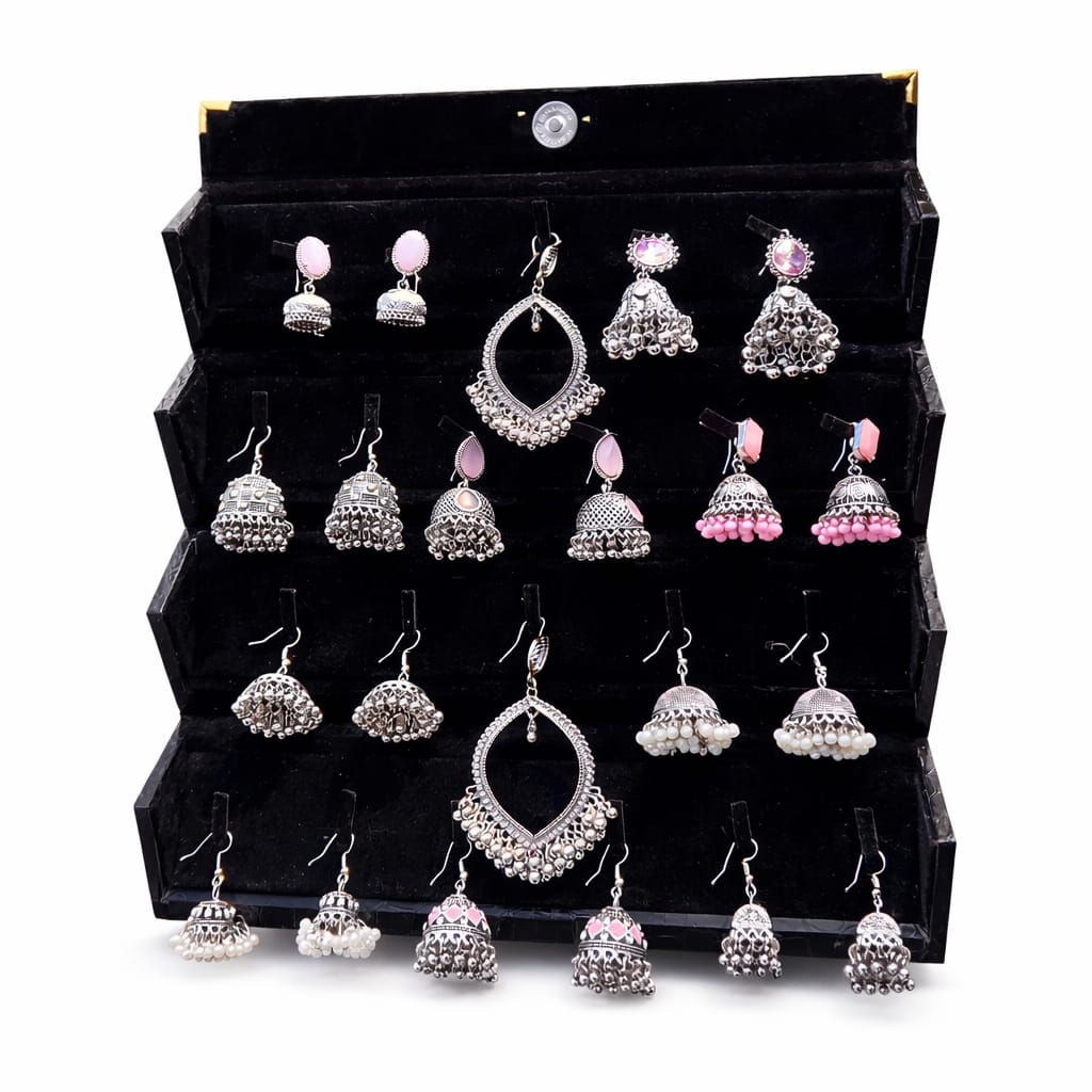 Minimal Oxidized Silver Jhumka Earrings Set with Pearl & Hoop Details