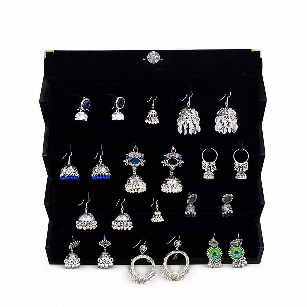 Handcrafted Oxidized Silver Jhumka Earrings Set with Blue Stones & Hoop Styles