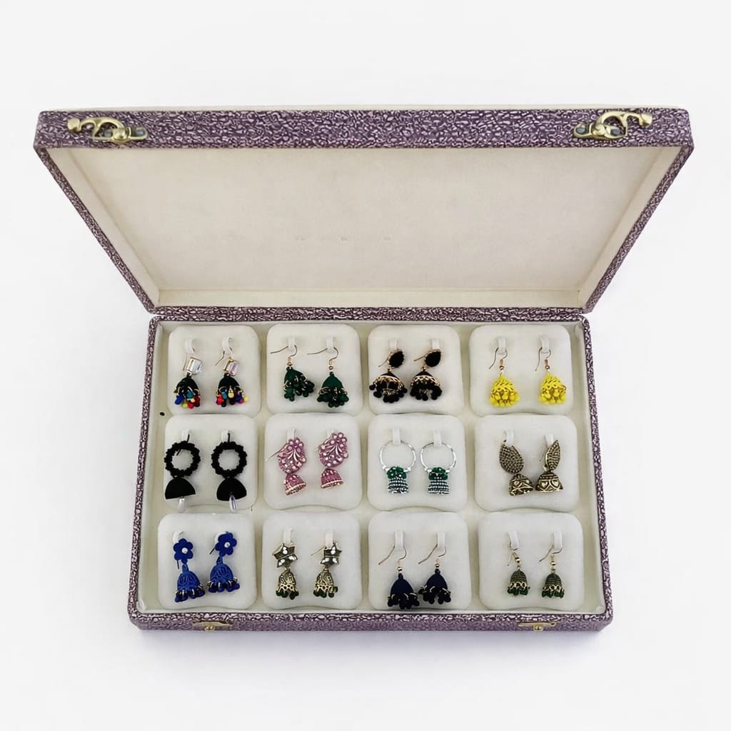 Trendy Casual Jhumka Set – 12 Pairs Modern Colorful Earrings Gift Box