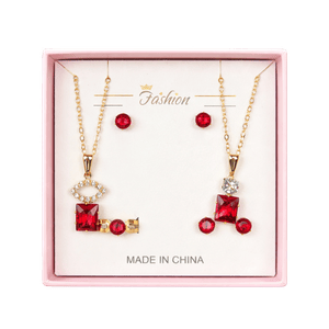 Red Gemstone Necklace and Earrings Set in Pink Box