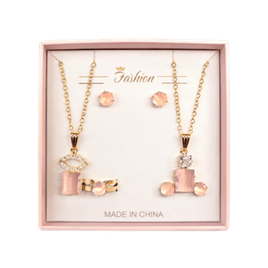 Peach Gemstone Necklace and Earrings Set in Pink Box