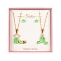 Green Gemstone Necklace and Earrings Set in Pink Box