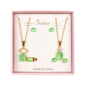 Green Gemstone Necklace and Earrings Set in Pink Box