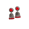 Red Stone and Silver Jhumka Earrings